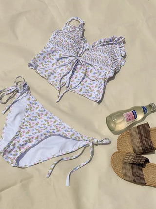 Smoke Flower Pattern Frill Ribbon Two-Piece Bikini Swimsuit