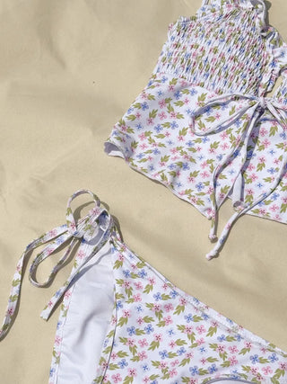 Smoke Flower Pattern Frill Ribbon Two-Piece Bikini Swimsuit