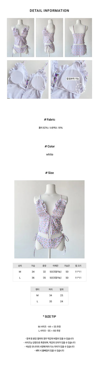 Smoke Flower Pattern Frill Ribbon Two-Piece Bikini Swimsuit
