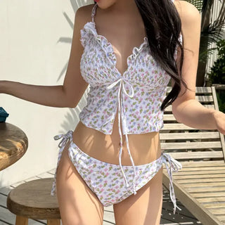 Smoke Flower Pattern Frill Ribbon Two-Piece Bikini Swimsuit
