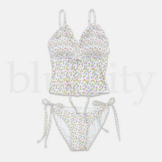 Smoke Flower Pattern Frill Ribbon Two-Piece Bikini Swimsuit