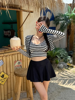 Split Stripe Skirt Set Bikini Swimsuit