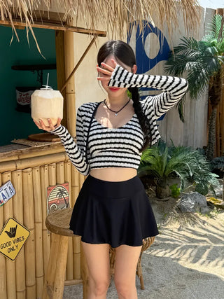 Split Stripe Skirt Set Bikini Swimsuit