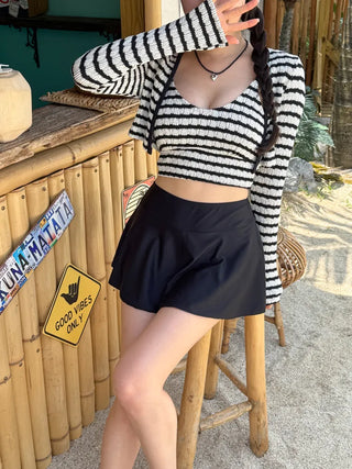 Split Stripe Skirt Set Bikini Swimsuit