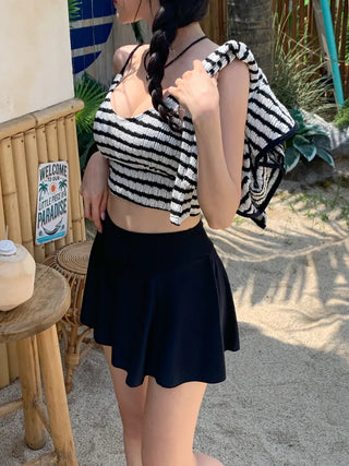 Split Stripe Skirt Set Bikini Swimsuit