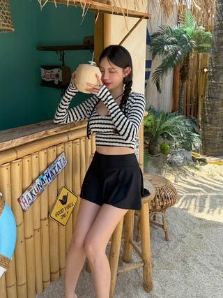 Split Stripe Skirt Set Bikini Swimsuit