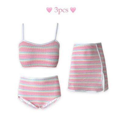 Pastel Striped Slit Skirt Bikini Swimsuit