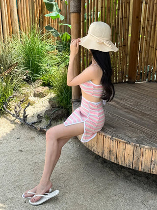 Pastel Striped Slit Skirt Bikini Swimsuit