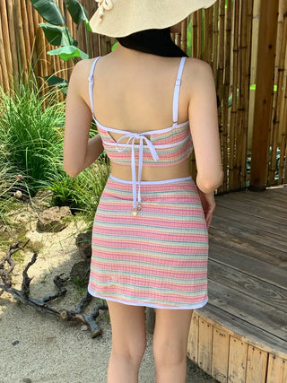 Pastel Striped Slit Skirt Bikini Swimsuit