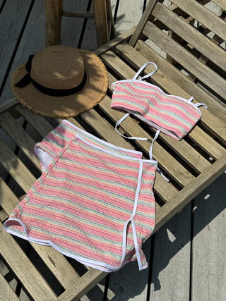 Pastel Striped Slit Skirt Bikini Swimsuit