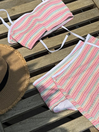 Pastel Striped Slit Skirt Bikini Swimsuit