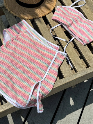 Pastel Striped Slit Skirt Bikini Swimsuit