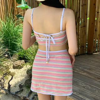 Pastel Striped Slit Skirt Bikini Swimsuit