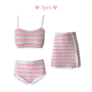 Pastel Striped Slit Skirt Bikini Swimsuit