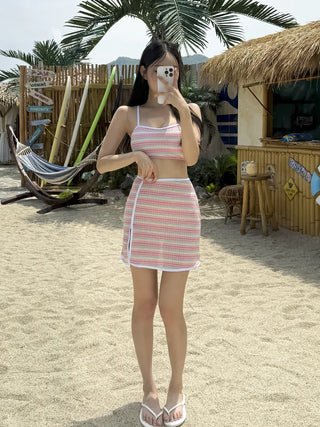 Pastel Striped Slit Skirt Bikini Swimsuit