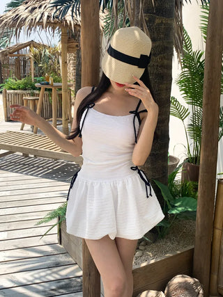 Balloon Shirred Ribbon String One-Piece Swimsuit