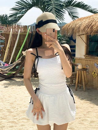 Balloon Shirred Ribbon String One-Piece Swimsuit