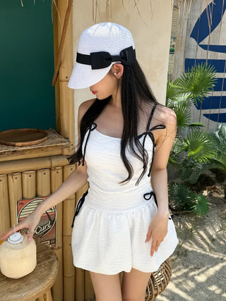 Balloon Shirred Ribbon String One-Piece Swimsuit
