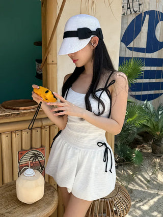 Balloon Shirred Ribbon String One-Piece Swimsuit