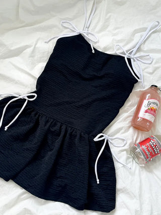 Balloon Shirred Ribbon String One-Piece Swimsuit