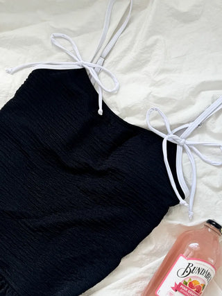 Balloon Shirred Ribbon String One-Piece Swimsuit