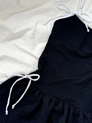 Balloon Shirred Ribbon String One-Piece Swimsuit