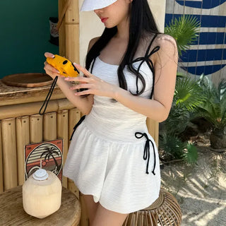Balloon Shirred Ribbon String One-Piece Swimsuit