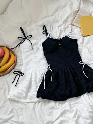 Balloon Shirred Ribbon String One-Piece Swimsuit
