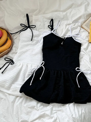 Balloon Shirred Ribbon String One-Piece Swimsuit