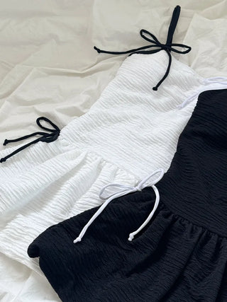 Balloon Shirred Ribbon String One-Piece Swimsuit
