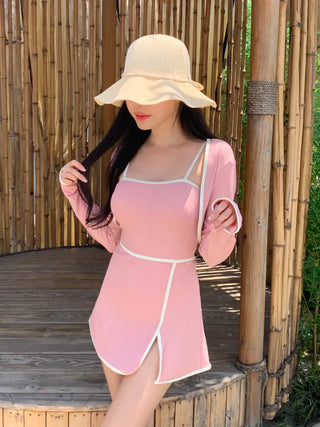 Sweet Color Block Cardigan One-Piece Set Monokini Swimsuit