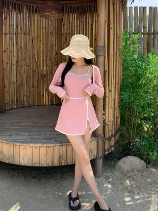 Sweet Color Block Cardigan One-Piece Set Monokini Swimsuit