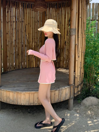 Sweet Color Block Cardigan One-Piece Set Monokini Swimsuit