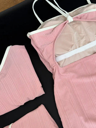 Sweet Color Block Cardigan One-Piece Set Monokini Swimsuit