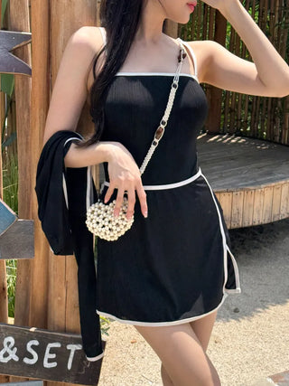 Sweet Color Block Cardigan One-Piece Set Monokini Swimsuit