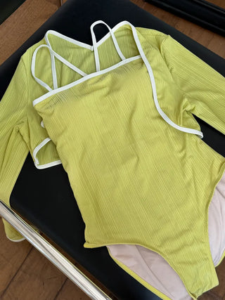 Sweet Color Block Cardigan One-Piece Set Monokini Swimsuit