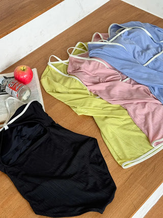 Sweet Color Block Cardigan One-Piece Set Monokini Swimsuit