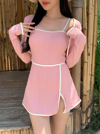 Sweet Color Block Cardigan One-Piece Set Monokini Swimsuit