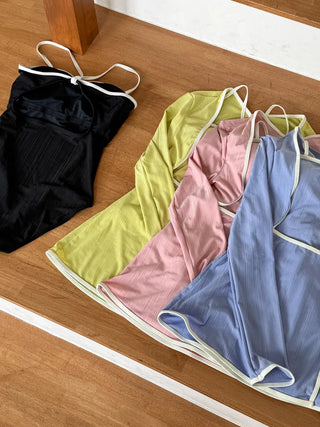 Sweet Color Block Cardigan One-Piece Set Monokini Swimsuit