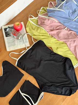 Sweet Color Block Cardigan One-Piece Set Monokini Swimsuit