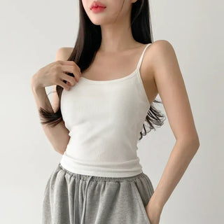 New Round Ribbed Sleeveless Cup Top Basic Daily Bra Cup Strap Sleeveless