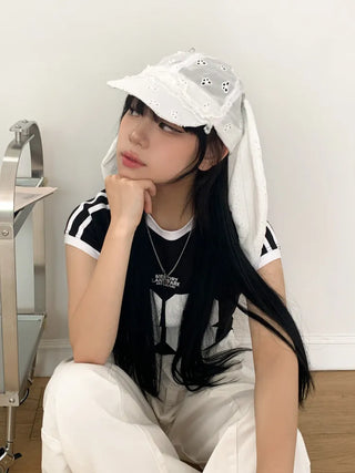 White Bunny Punched Lace Strap Belt Bag Hat 2 Types