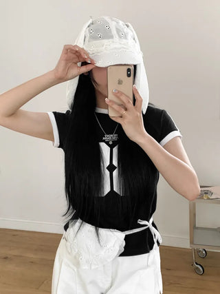 White Bunny Punched Lace Strap Belt Bag Hat 2 Types
