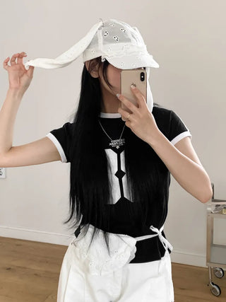 White Bunny Punched Lace Strap Belt Bag Hat 2 Types