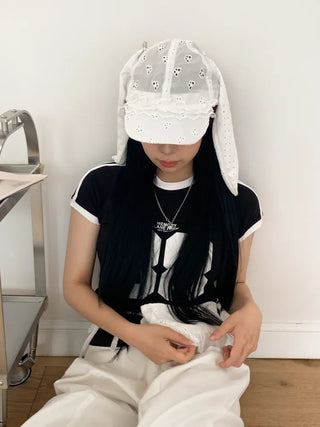 White Bunny Punched Lace Strap Belt Bag Hat 2 Types