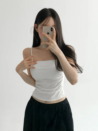 Fit-Up Shirred Cotton Bralette Strap Sleeveless Top