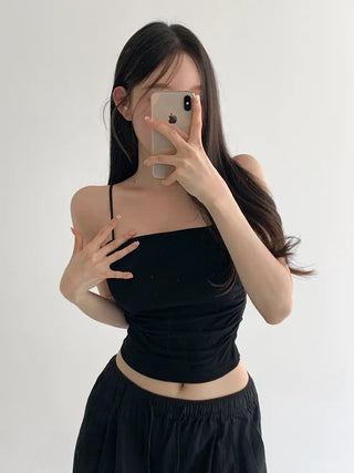 Fit-Up Shirred Cotton Bralette Strap Sleeveless Top