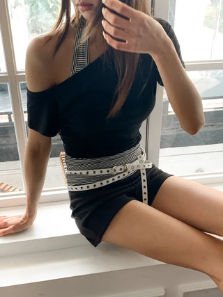 Tooze Eyelet Double-Stripe Slim Leather Belt
