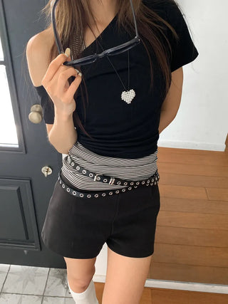 Tooze Eyelet Double-Stripe Slim Leather Belt