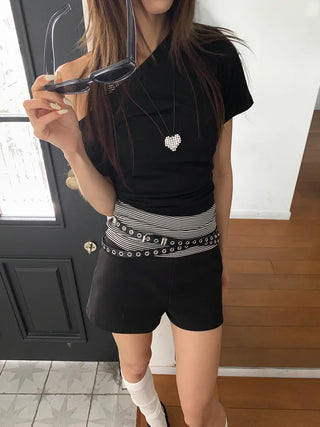 Tooze Eyelet Double-Stripe Slim Leather Belt